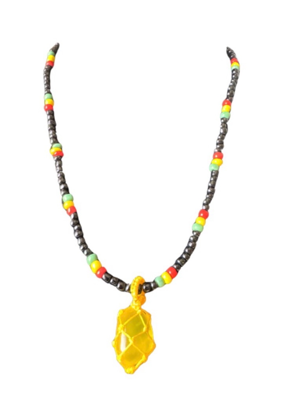 Jamaican Color Beads with Crocheted Yellow Stone